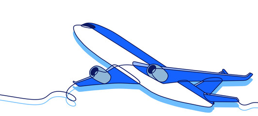 A line art cartoon illustration themed around travel and air transport, featuring an airplane © SasubuArt