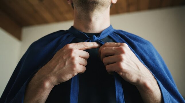 Adult Caucasian man tying a blue superhero cape around his neck representing imagination and play