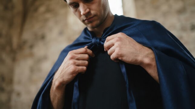 Young man wearing a dark blue cape and fastening it around his neck, historical fantasy costume portrait