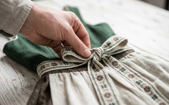 Craftsman touching a decorative ribbon on a traditional dirndl dress in a workshop