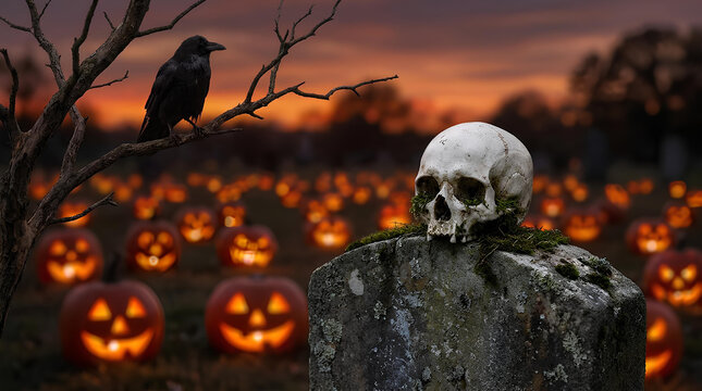 Spooky Halloween graveyard with glowing jack o lanterns skull and raven on tree branch