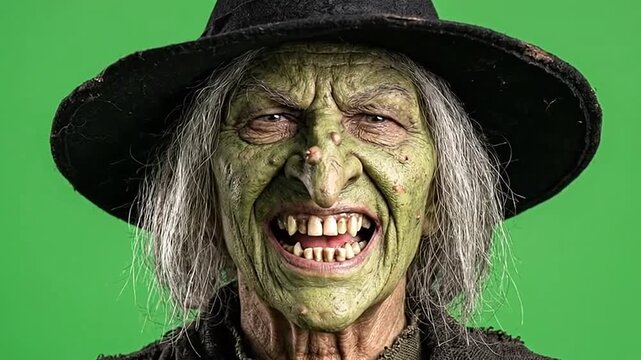 Wicked witch character with green skin and black hat laughing