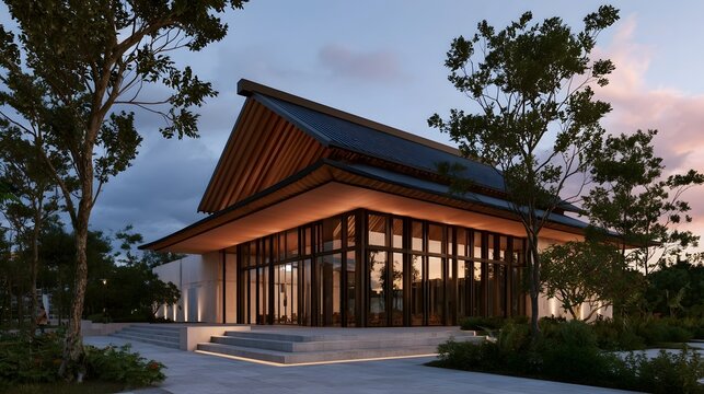 Modern architectural structure with large glass and wooden roof  surrounded by trees and illuminated at dusk