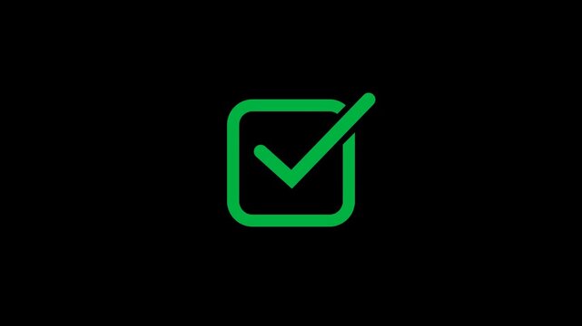 Animation check on transparent background. Green check mark icon on green rectangle animation. Yes sign. Correct vote icon on transparent background. Motion graphics.