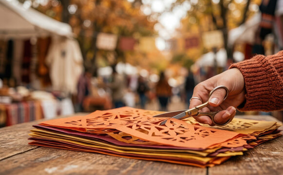 Woman cutting intricate paper amate cutouts at an outdoor artisan market stall