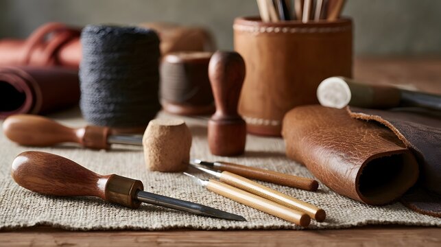 Handcrafted leatherworking tools arranged on a textured surface with spools of thread and raw hides for artisanal crafting