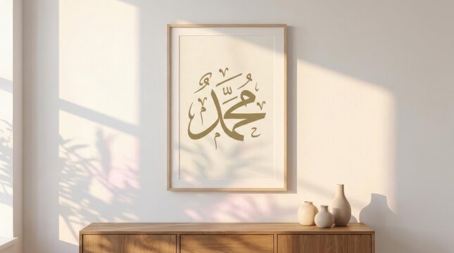 Modern minimalist interior with Arabic calligraphy wall art.