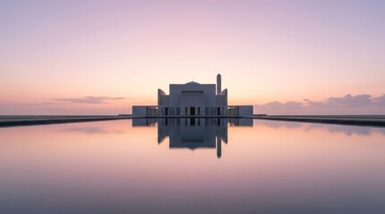Naklejka premium Modern mosque reflection in water at sunset