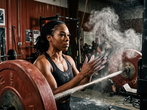 Powerlifting athlete chalks hands before heavy gym lift