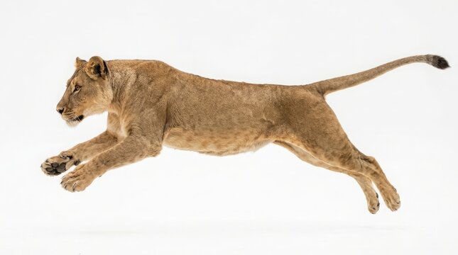 Majestic Lion Jumping Mid-Air Action Shots Isolated on White Background