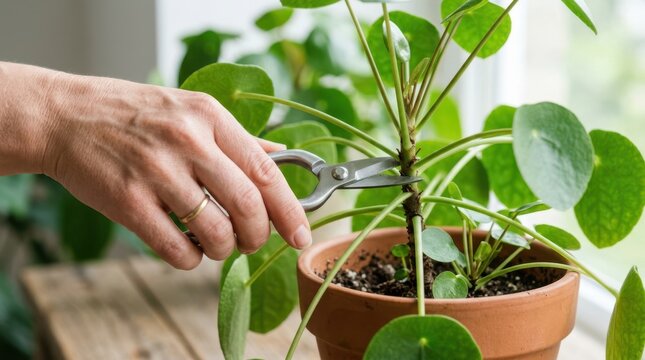 Pruning a Chinese money plant with scissors in a clay pot indoors, representing plant care, gardening, and home botany for nature lovers.