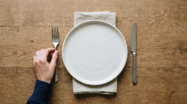Woman hand holding fork next to empty white plate with knife on wooden table top view