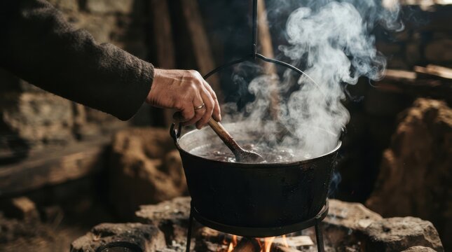 Historical medieval woman stirring steaming soup in a cast iron cauldron over an open fire