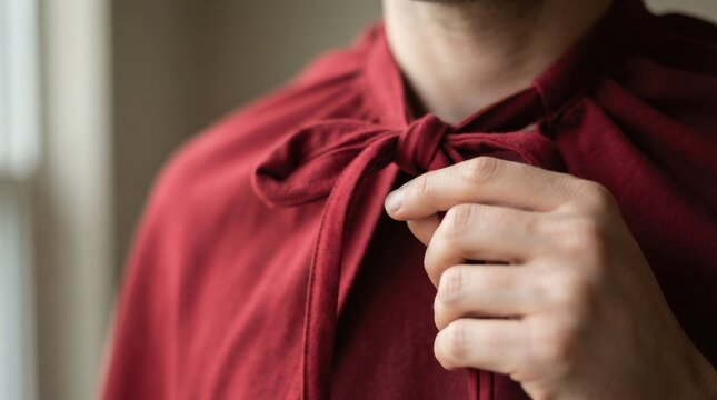 Man tying a red cape costume around his neck close up view representing preparation and superhero concepts