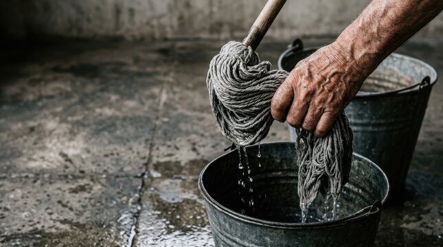 Elderly man wringing out a wet mop over a metal bucket during deep floor cleaning indoors