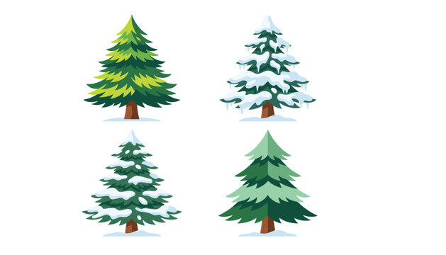 Christmas pine tree vector set featuring green summer and snow covered winter fir trees isolated on white background.