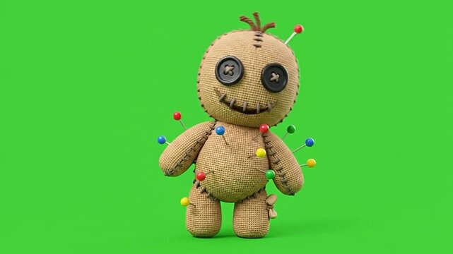 Voodoo dolls with colorful pins on green screen