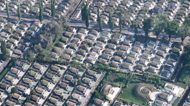 Rows of gravestones and green trees seen from an aerial perspective in a quiet cemetery grounds