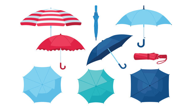 Colorful umbrellas vector set with open closed folded striped parasols and rain protection accessories from top front side view