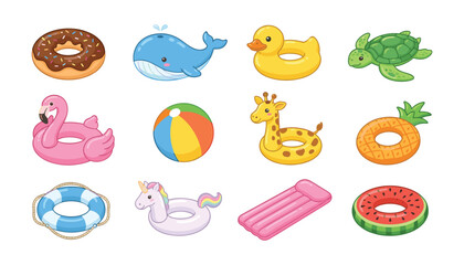 Cute inflatable pool floats vector set with colorful summer swim ring icons including flamingo unicorn whale and fruit shapes illustration © Ruma