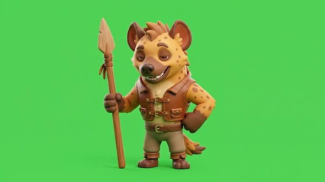 Hyena tribal warrior character standing with spear on green screen