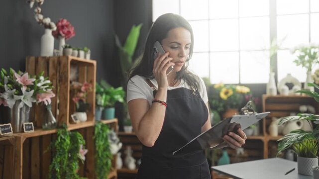 Woman holding clipboard and smartphone, holds phone to ear with hand while checking notes in building; concentration care diligence.