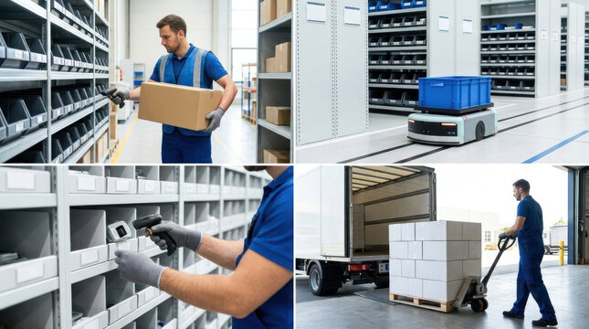 Warehouse operations combining manual work with automation, illustrating modern logistics and supply chain, collage