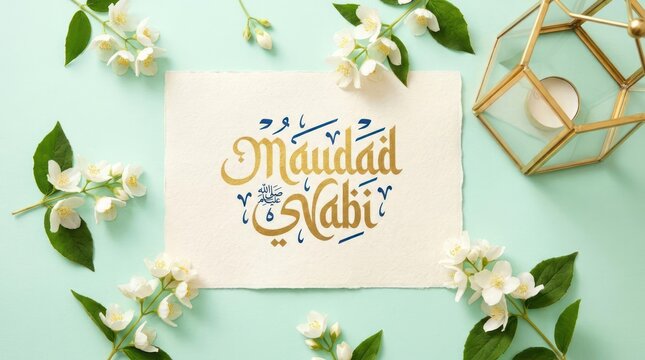 Mawlid al-Nabi calligraphy on card with jasmine flowers.