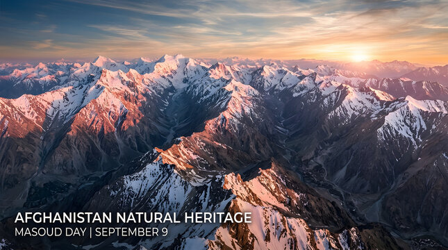 Hindu Kush mountain range at sunrise with snow capped peaks and golden morning light