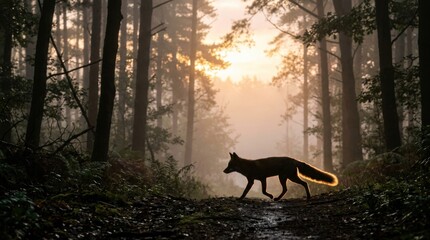 Fototapeta premium Fox Walking Through Misty Forest at Sunrise.