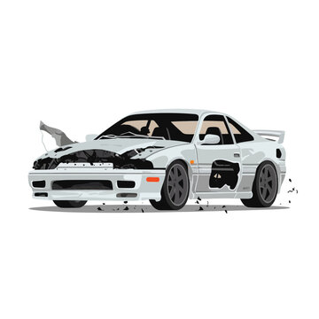 Crashed destroyed generic car isolated