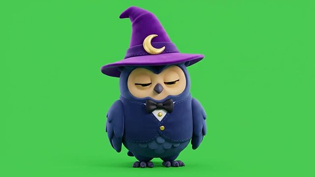 Cute cartoon wizard owl character blinking on green background