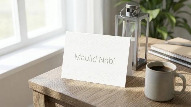 Maulid Nabi greeting card on desk with coffee.