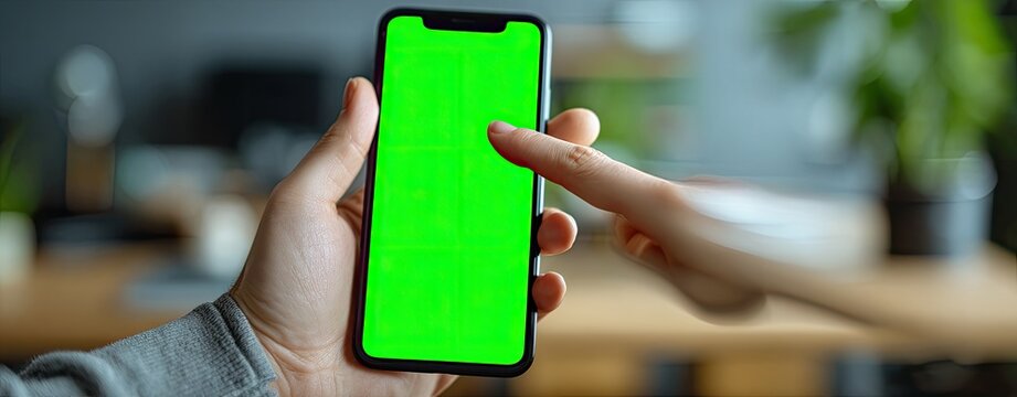 Person holding smartphone with green screen
