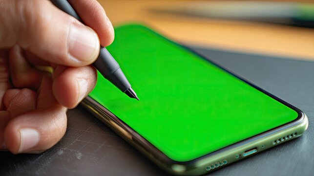Hand holding stylus over green-screen phone