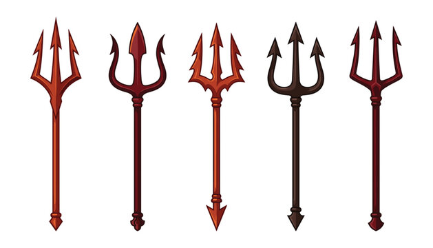 Devil trident and mythological Poseidon neptune pitchfork vector set with sharp red demonic spears for spooky Halloween costume design elements