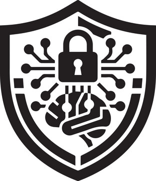 Cybersecurity shield icon with brain and lock vector representing digital privacy and artificial protection.