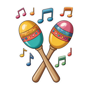Colorful traditional Mexican maracas with floating musical notes, festive Latin percussion instrument vector illustration transparent background