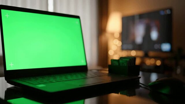 Laptop with green screen display for chroma key compositing in cozy home office setting mockup blank screen