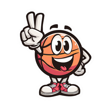 Cute cartoon basketball character making a peace sign and wearing sneakers, sports mascot and happy ball vector illustration transparent