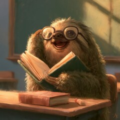 Fototapeta premium A cute sloth wearing glasses is enjoying reading a book while sitting at a desk.