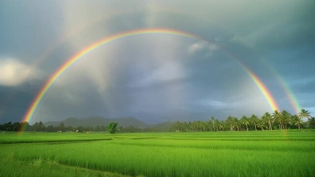 虹のかかる田んぼ シームレスループ動画背景 16:9 4K