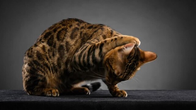 A beautiful Bengal cat with striking green eyes and a spotted coat grooms its paw before looking at the camera against a dark grey studio background.