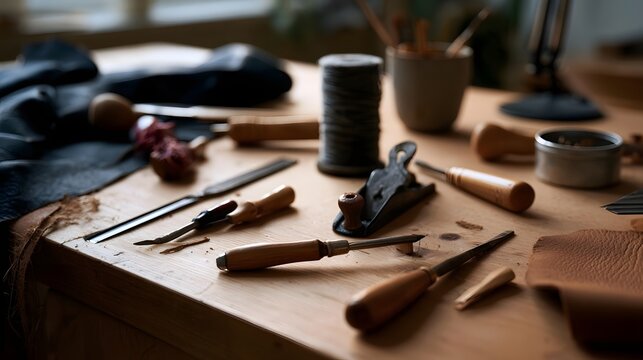 A wooden workbench with leather crafting tools  including punches  chisels  and a spool of thread  arranged for detailed handwork