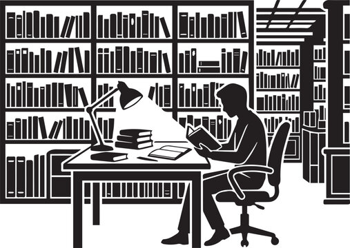 Student silhouette reading book under desk lamp in library with full book shelves for education concept art.