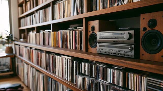 A wooden shelf filled with music CDs and vintage stereo equipment in a cozy listening room setting