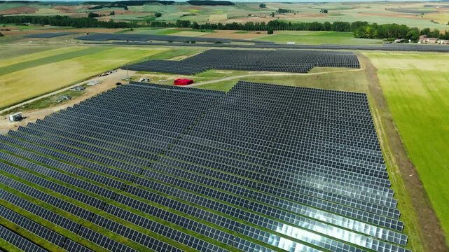Drone flyover of photovoltaic fields and service tracks in Avila