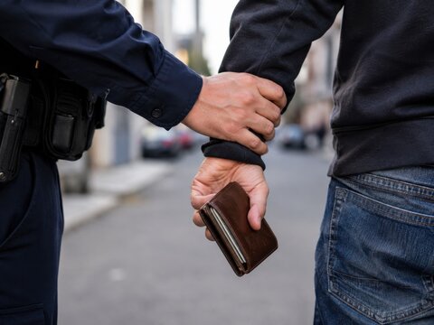 A police officer is arresting a bag snatcher holding a brown leather wallet on a city street.