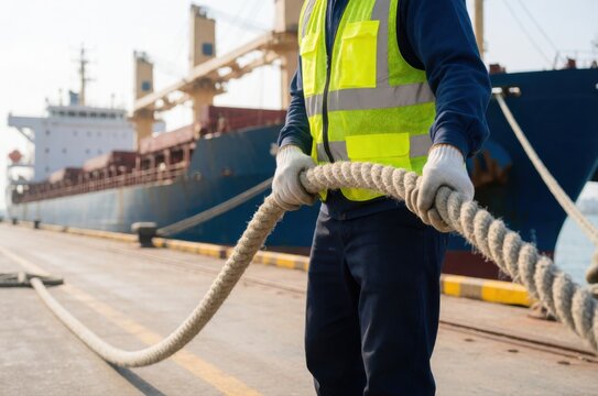 A dockworker in a safety vest secures a large mooring rope to a ship docked at a busy industrial port.