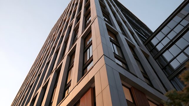 Modern high rise building with geometric facade and warm toned cladding under soft daylight  viewed from low angle at corner junction